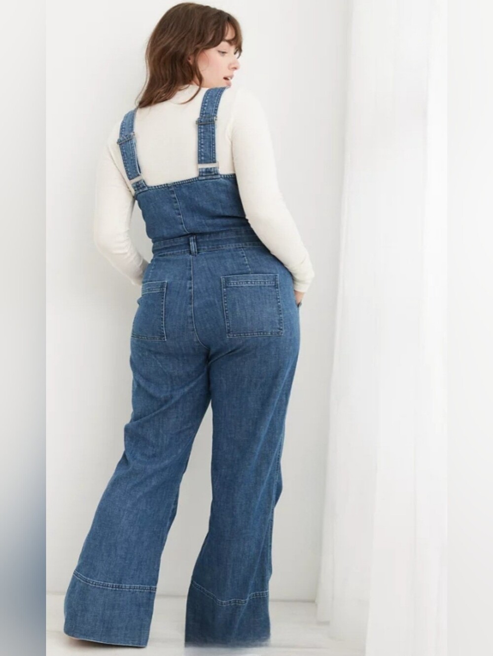 Aerie Medium Blue Button-Front Wide Leg Denim Overalls - Picture 5 of 16